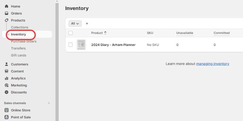 Product Inventory page