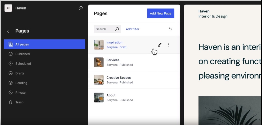 Quick previews for pages